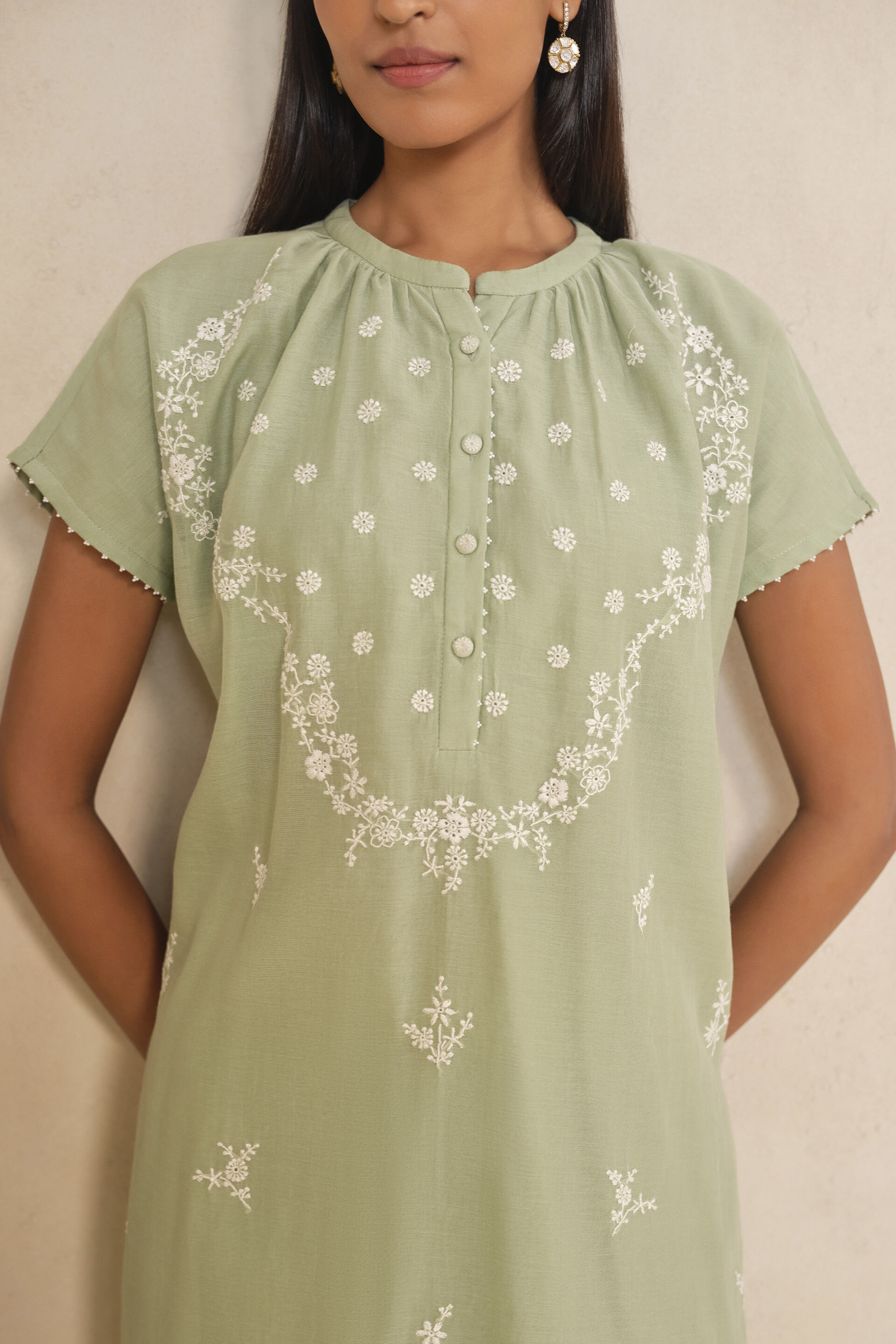 Haiku Hand-embroidered Chikankari Mul Kurta Set - Sage, Sage, image 5